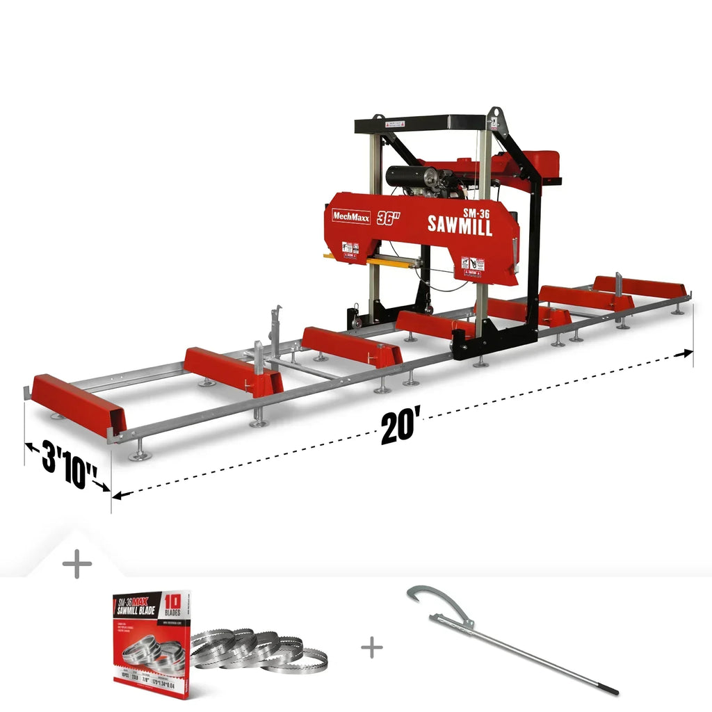 36" MAX Portable Sawmill,  25HP 688cc HONDA GX690 V-Twin Engine,  35" Board Width,  20' Track Length,  (10 Blades Included)